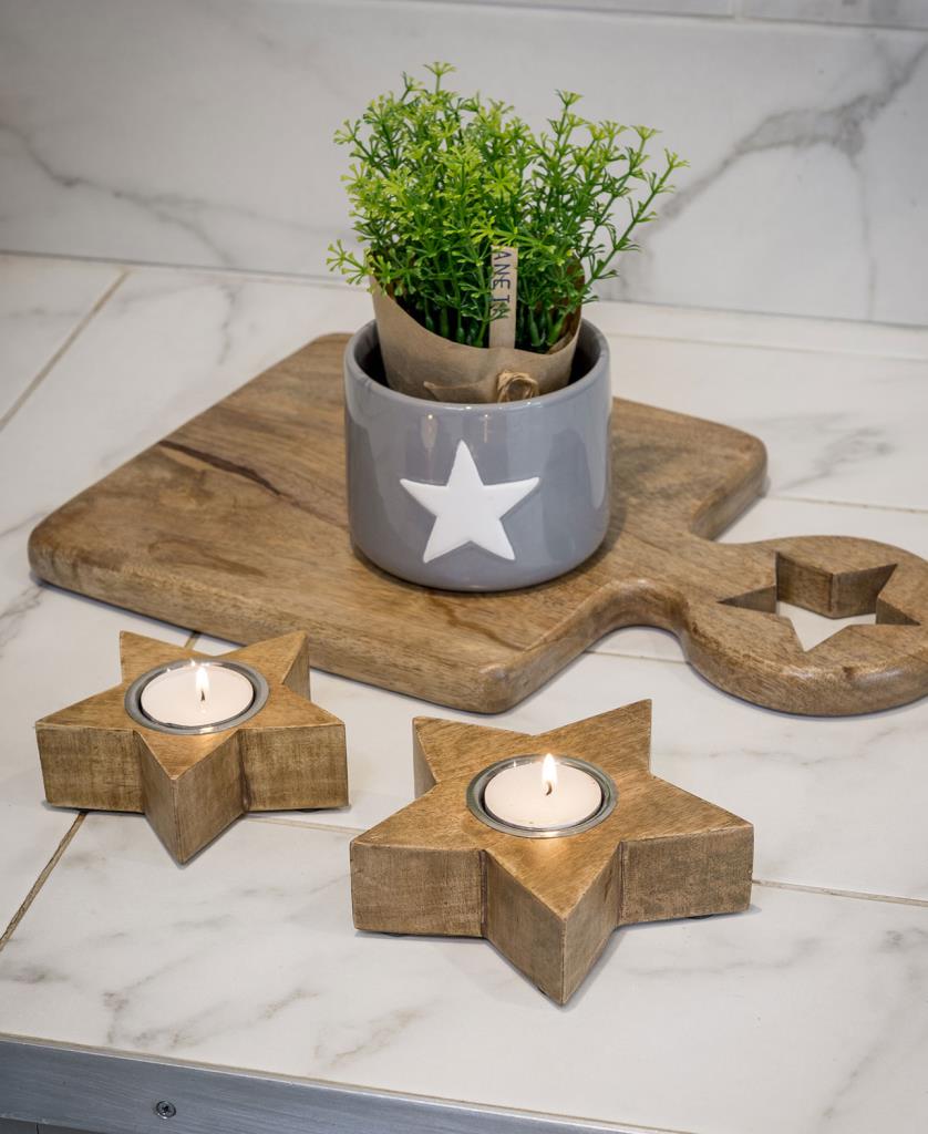 Wooden star tealight holders ( Natural) - Set of 2