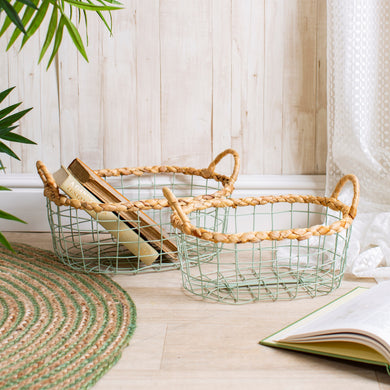 Green Wire & Water hyacinth Storage Baskets - Set of 2